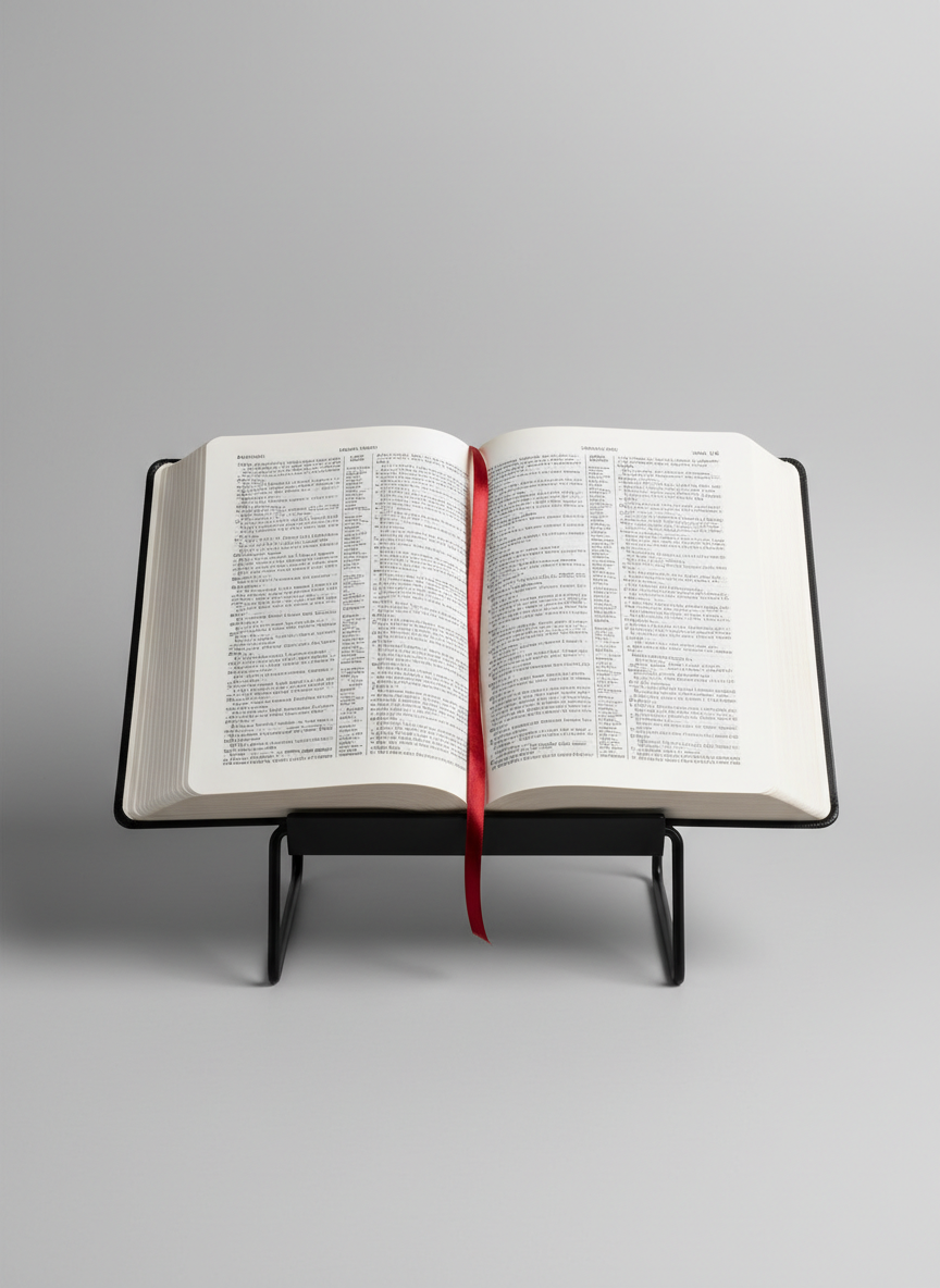 A single open Bible displayed on a modern, matte-black book stand in front of a plain, light-gray background, emphasizing the text as the sole focus. The pages are spread to a two-column layout, with chapter headings and verse numbers clearly visible, though not legible at word level. A thin red ribbon drapes gracefully down the center fold. Neutral, diffused studio lighting creates a soft, even glow across the pages with subtle shadows along the binding, giving a sense of depth without distraction. Shot straight on at eye level with centered composition and minimal negative space around the edges, the photographic realism and minimalist aesthetic convey professionalism and a text-centered approach to Bible study resources.