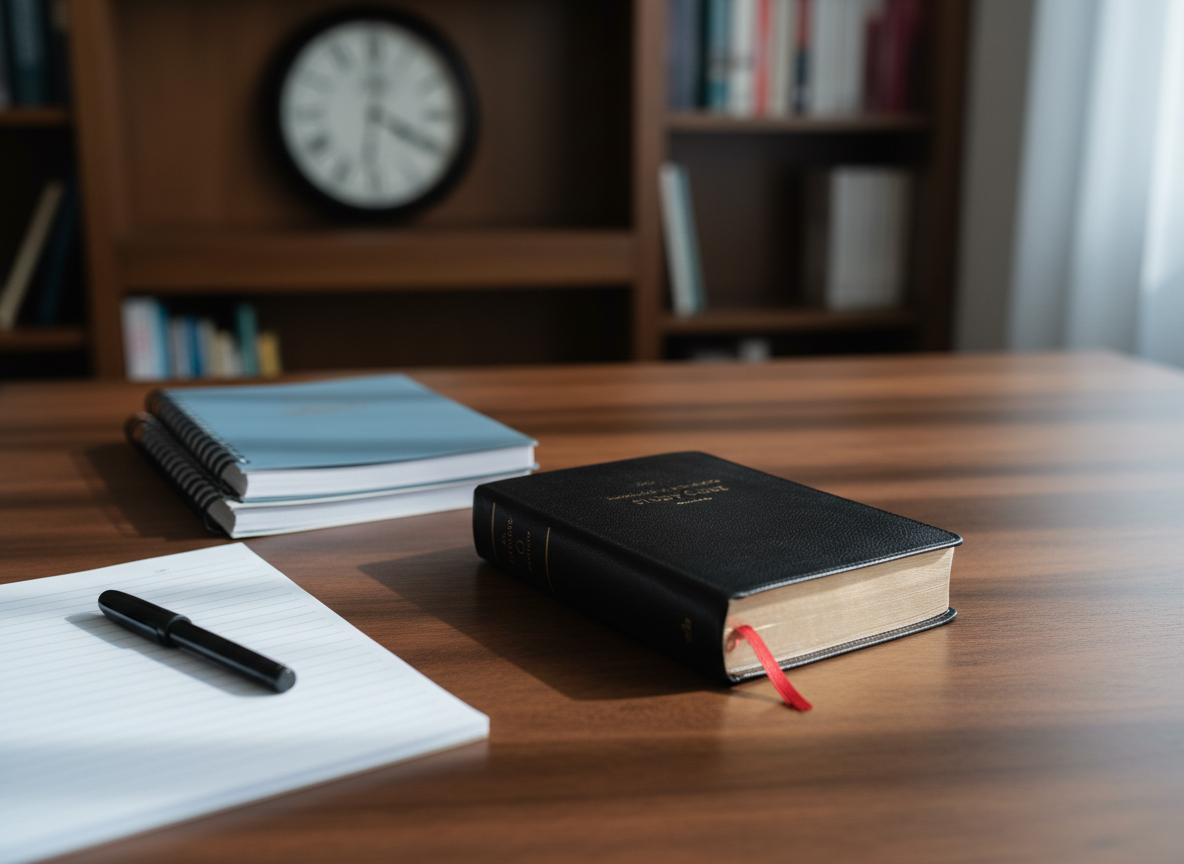 A close-up, photographic view of a sturdy wooden desk arranged for Bible study, centered on a closed, black leather Bible with a subtle grain texture and a thin ribbon marker visible at the page edges. Beside it lie a neatly stacked spiral-bound study guide, a capped pen, and an uncluttered notepad with faint lines. Cool, diffused daylight enters from the right, reflected gently on the desk’s smooth surface, creating soft, directional shadows. The background fades into a tasteful blur of bookshelves and an unobtrusive wall clock. Captured from a slightly elevated angle using the rule of thirds, the composition feels orderly and professional, reinforcing a serious yet approachable environment for structured scripture study and teaching preparation.